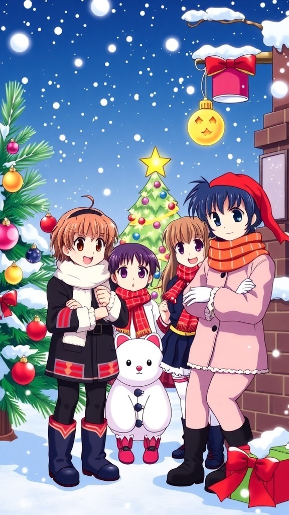 Ranma 1/2 characters celebrating Christmas in a winter scene with snowflakes and decorations.